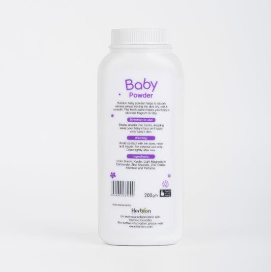 Baby powder container with label on a white background