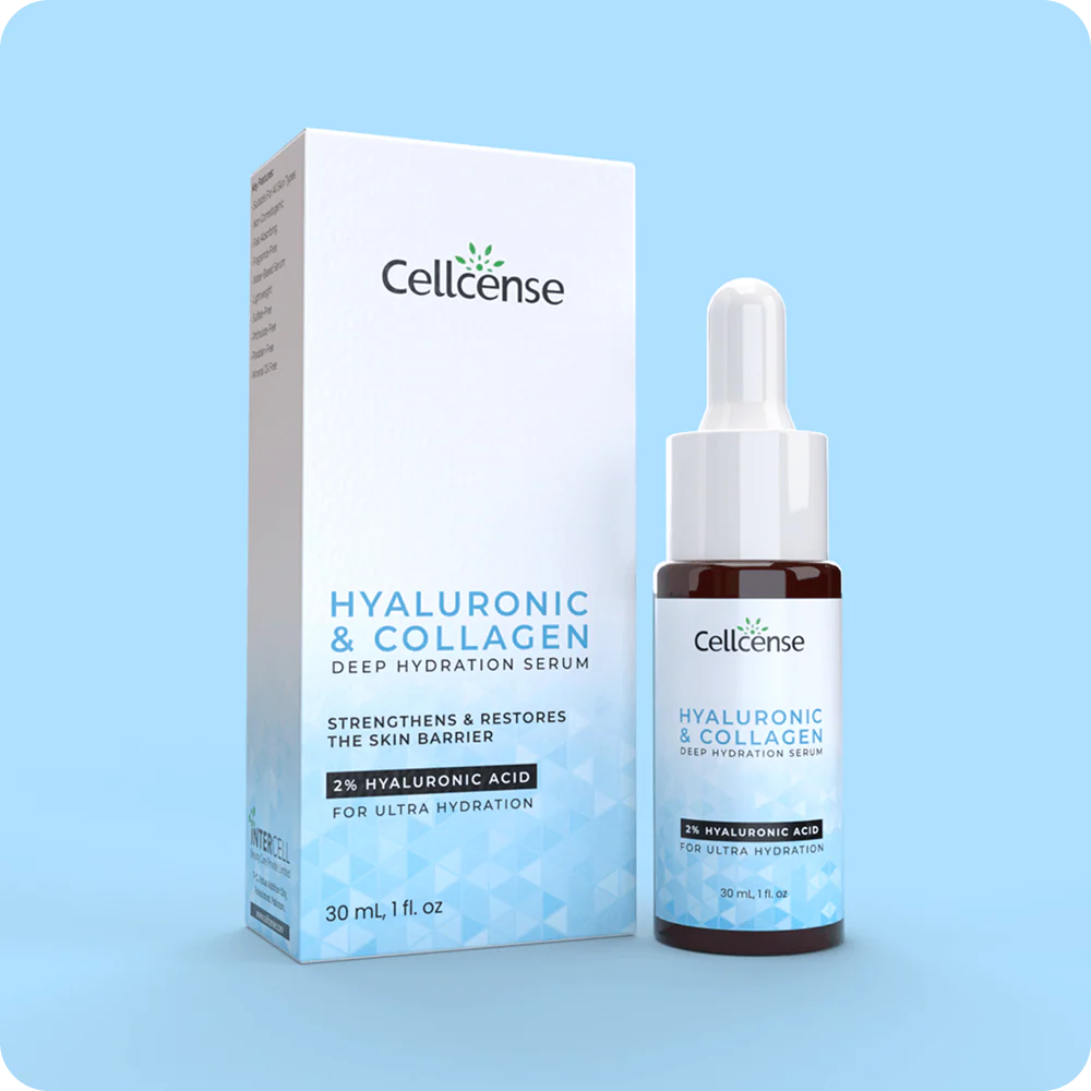 Cellcence Hyaluronic & Collagen serum bottle and packaging on a light blue background