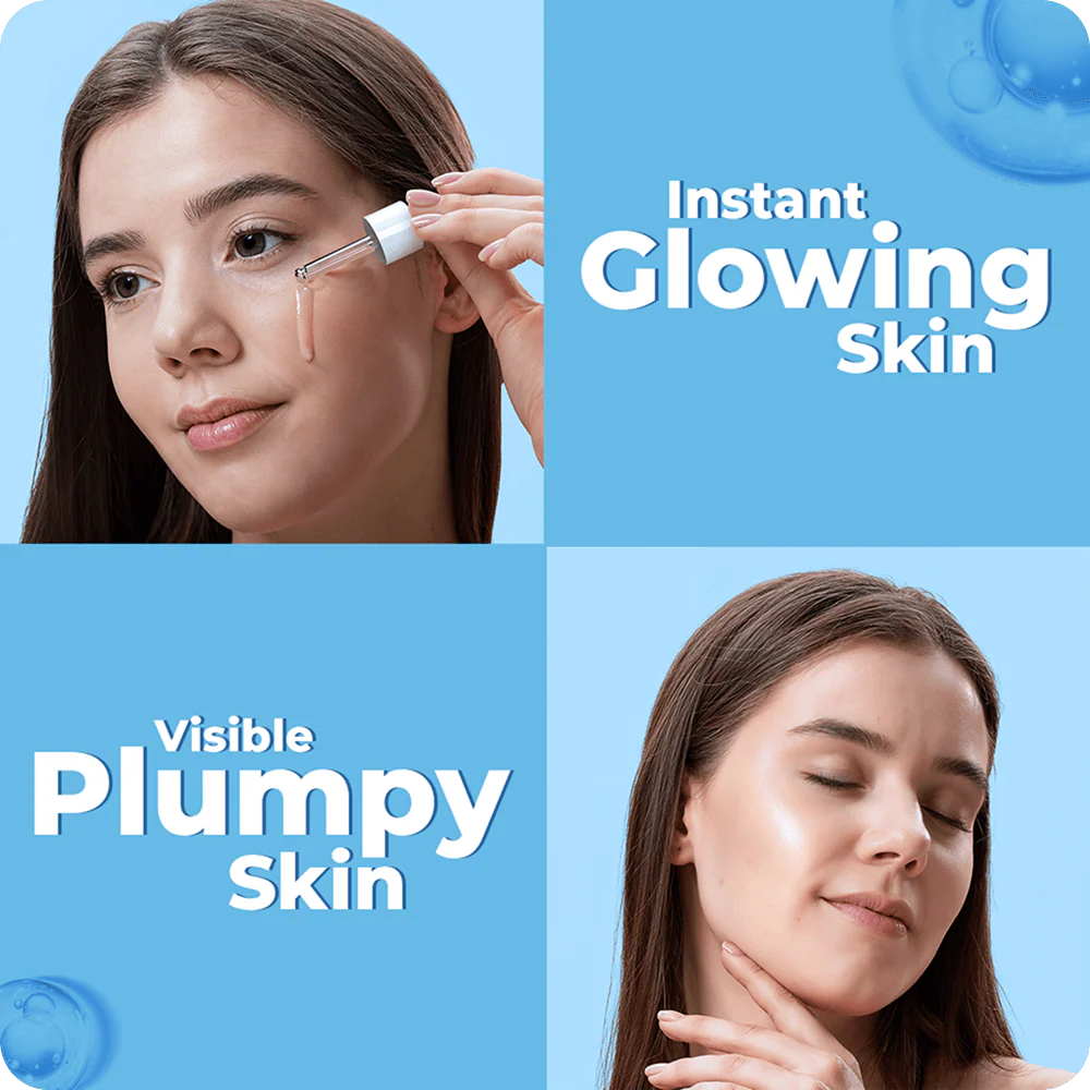 Advertisement for skincare product showing a woman applying serum and text about instant glowing and plump skin.