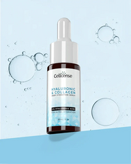 Cellcense hyaluronic and collagen serum bottle on a light blue background with bubbles.