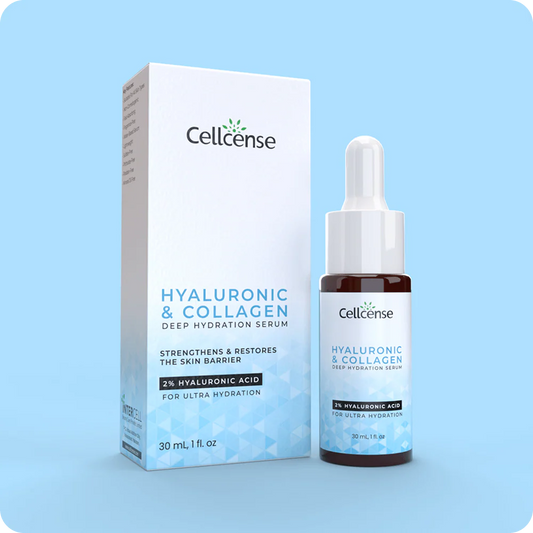 Cellcence Hyaluronic & Collagen serum bottle and packaging on a light blue background