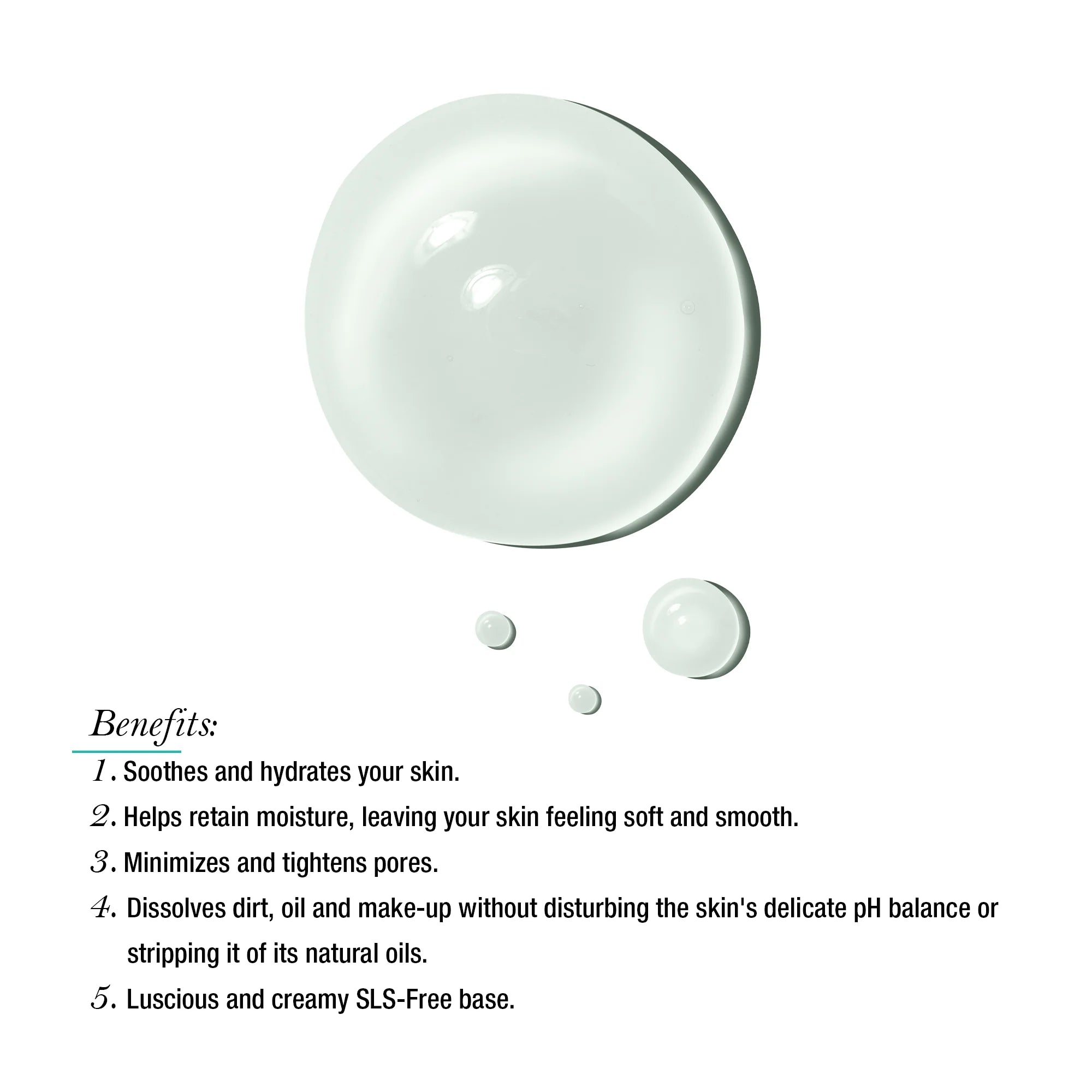White bubbles on a white background with text listing benefits.