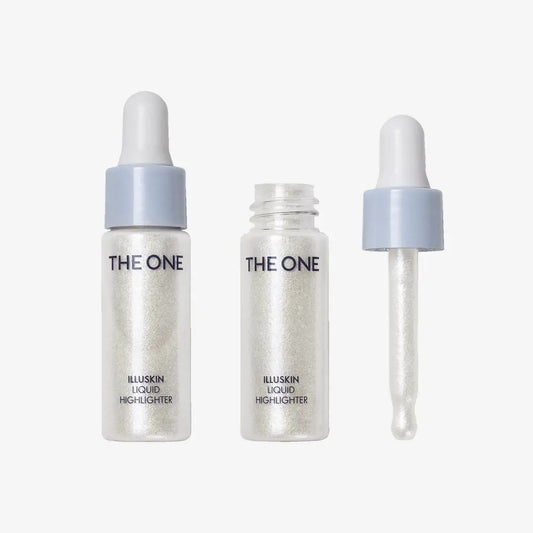 Two bottles of 'The One' illuskin liquid highlighter with a dropper on a white background.