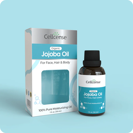 Cellcense Jojoba Oil packaging and bottle on a light blue background