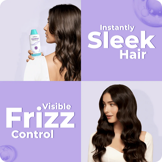 Advertisement for a hair product showing a before and after effect on hair frizz.