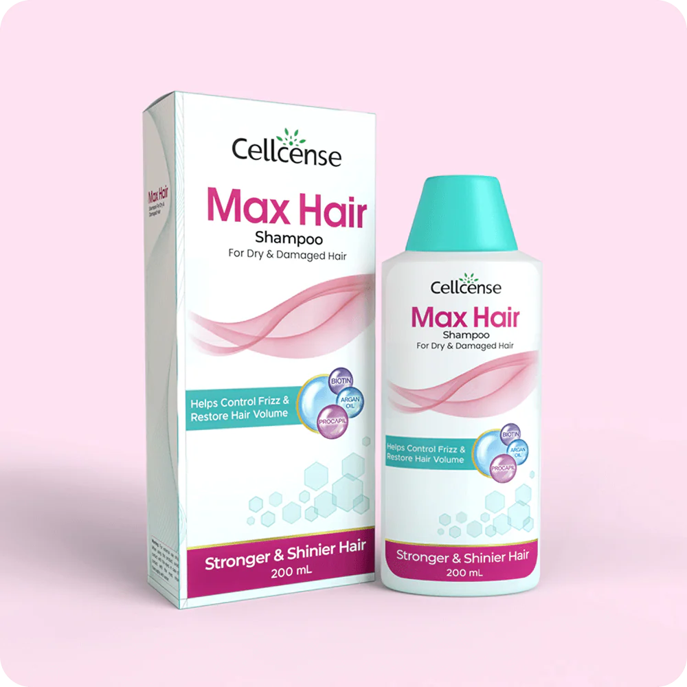 Cellcense Max Hair shampoo bottle and box on a pink background