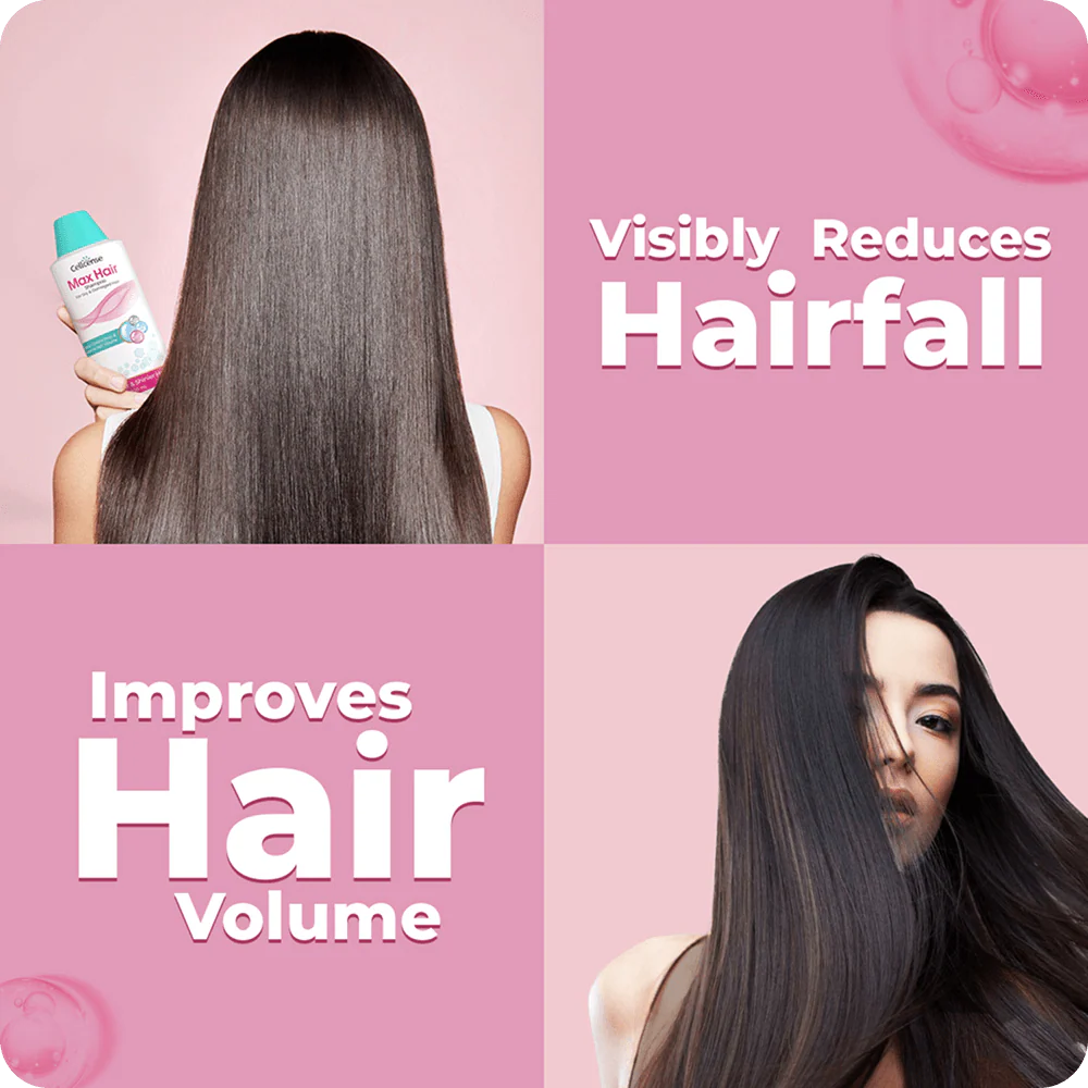 Advertisement for a hair care product showing before and after effects on hair volume and hairfall.