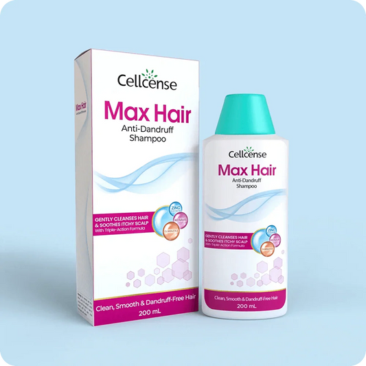Cellcense Max Hair Anti-Dandruff Shampoo packaging on a light blue background