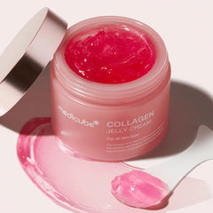 Pink jar of Medicube Collagen Jelly Cream on a white background