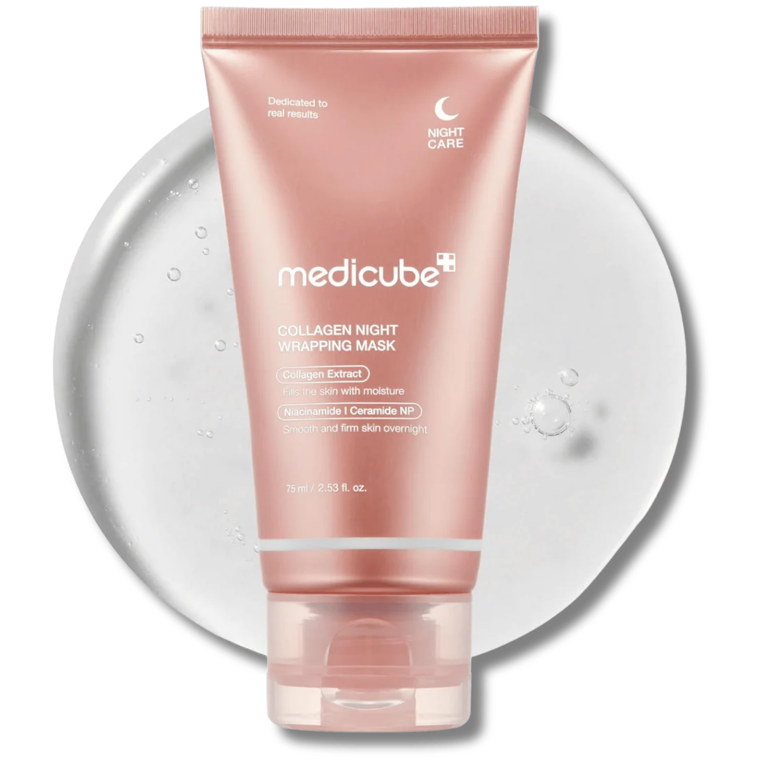 Pink tube of Medicube Collagen Night Whipping Mask on a white background