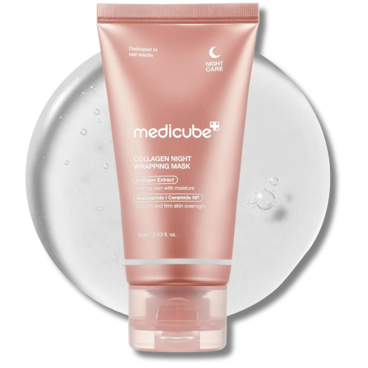 Pink tube of Medicube Collagen Night Whipping Mask on a white background