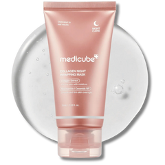 Pink tube of Medicube Collagen Night Whipping Mask on a white background