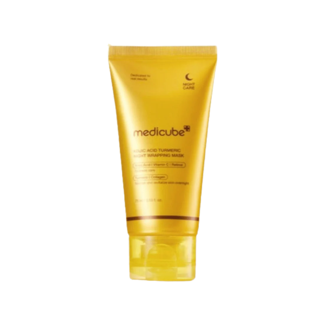 Yellow tube of Medicube product on a white background