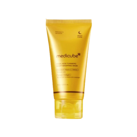 Yellow tube of Medicube product on a white background