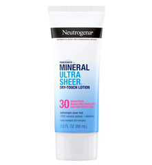 Neutrogena Mineral Ultra Sheer sunscreen lotion on a white background