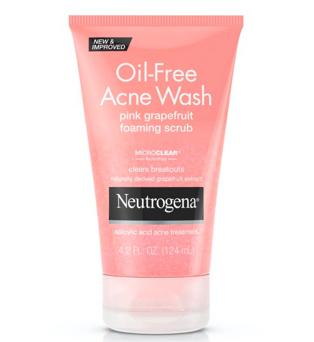 Neutrogena Oil-Free Acne Wash pink grapefruit foaming scrub tube on a white background