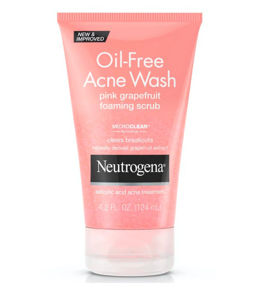 Neutrogena Oil-Free Acne Wash pink grapefruit foaming scrub tube on a white background