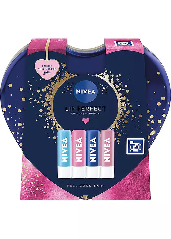 Nivea lip balm set in a decorative box with pink and blue packaging.