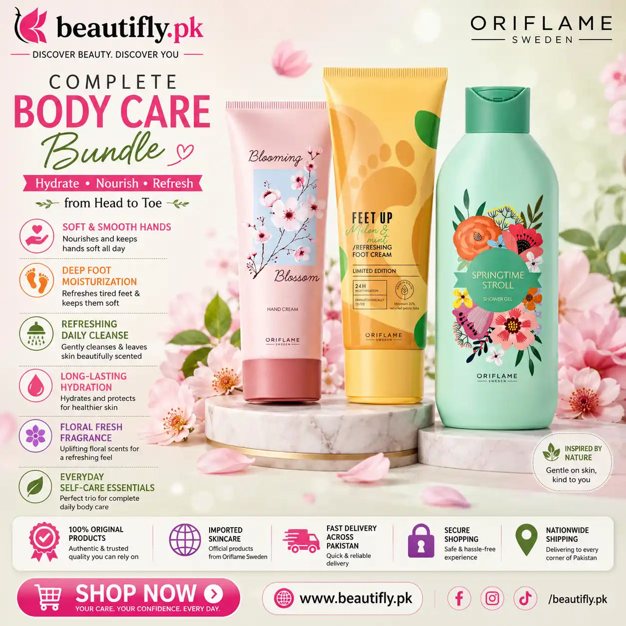 Oriflame Complete Body Care Bundle | Blooming Blossom Hand Cream + Feet Up Melon & Mint Foot Cream + Springtime Stroll Shower Gel