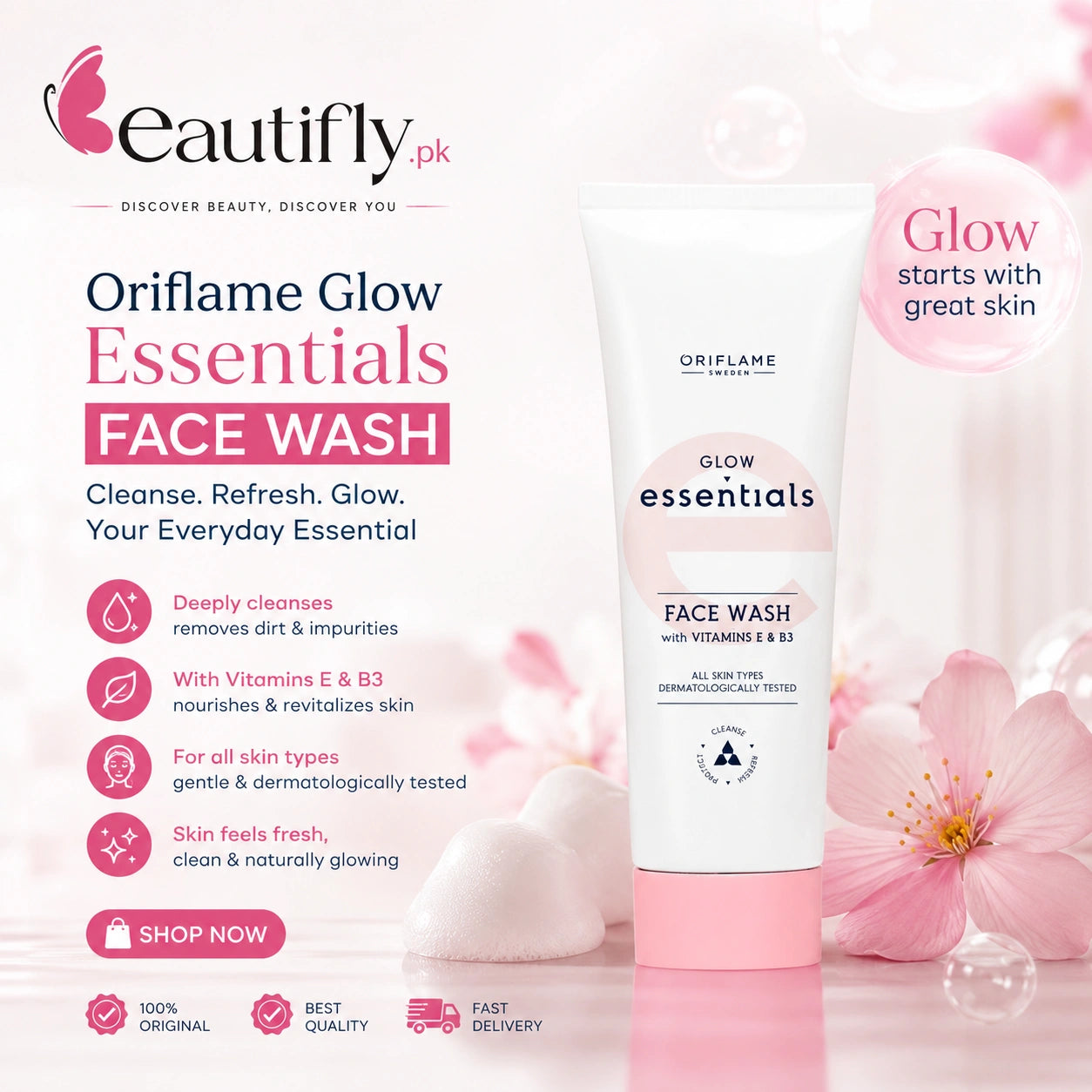 Oriflame Glow Essentials Face Wash with Vitamins E and B3 125 ML