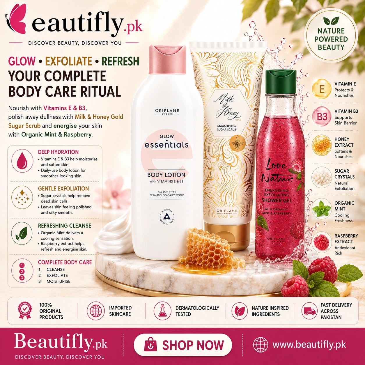 Oriflame Glow Exfoliate And Refresh Complete Body Care Ritual Bundle