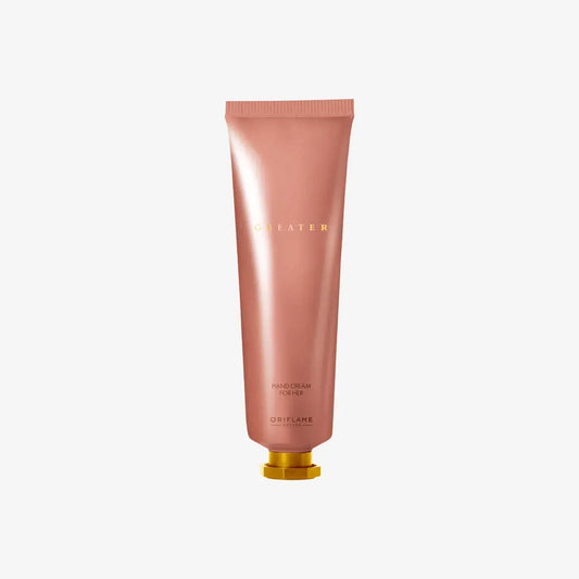 Pink hand cream tube with gold cap on a light gray background