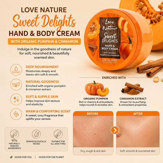 Oriflame Love Nature Sweet Delights Hand Body Cream with Organic Pumpkin Cinnamon 150 ML