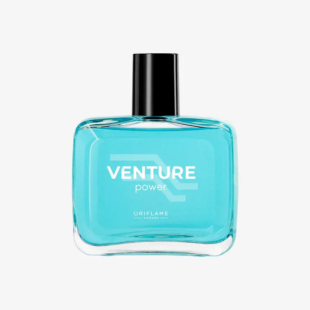 Blue perfume bottle labeled 'Venture Power' by Oriflame on a white background