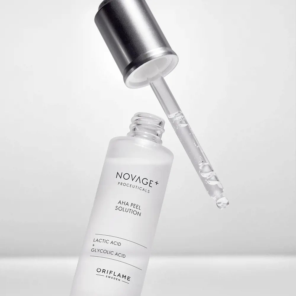 Novage+ AHA peel solution bottle with dropper on a light gray background