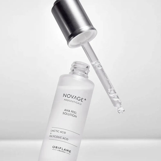 Novage+ AHA peel solution bottle with dropper on a light gray background