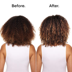 Before and after comparison of a person's hair with curly hair on a white background.