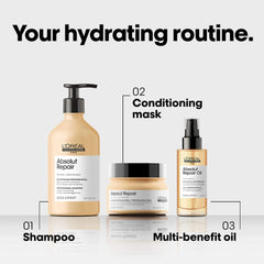 L'Oreal hair care products including shampoo, conditioning mask, and multi-benefit oil with text indicating a hydrating routine.