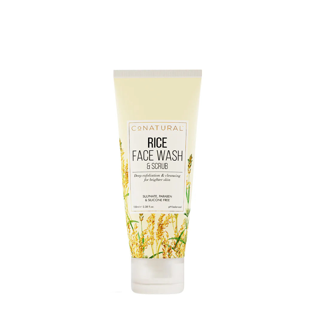 Tube of rice face wash and scrub with natural ingredients on a white background