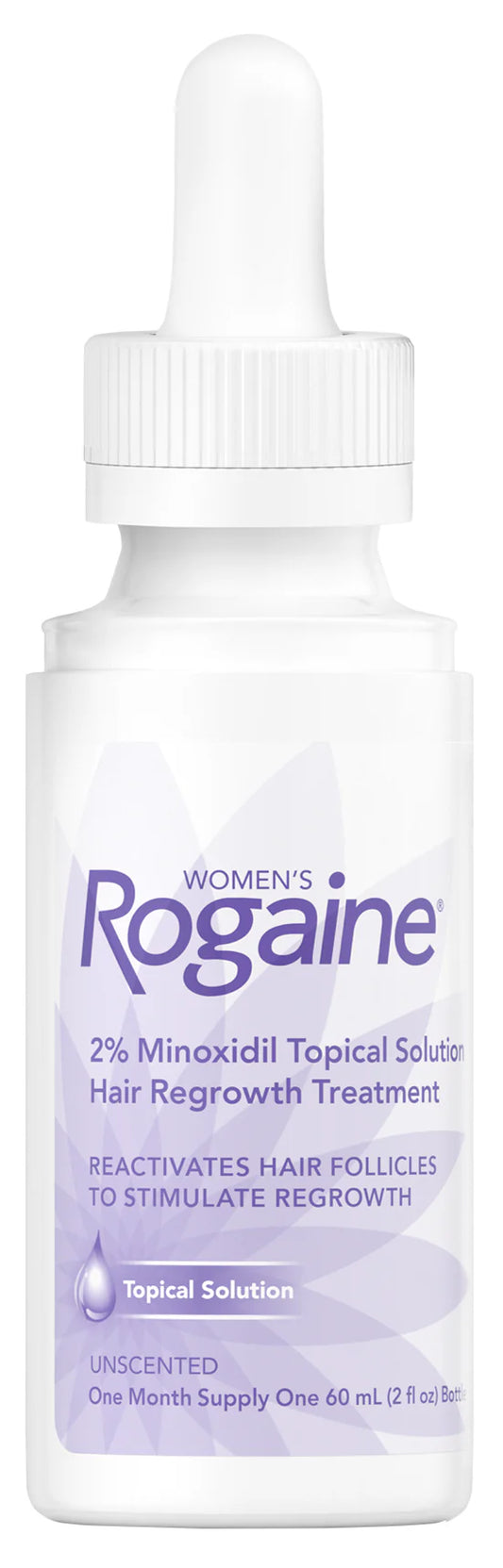 Bottle of Women's Rogaine hair regrowth treatment with dropper on a white background