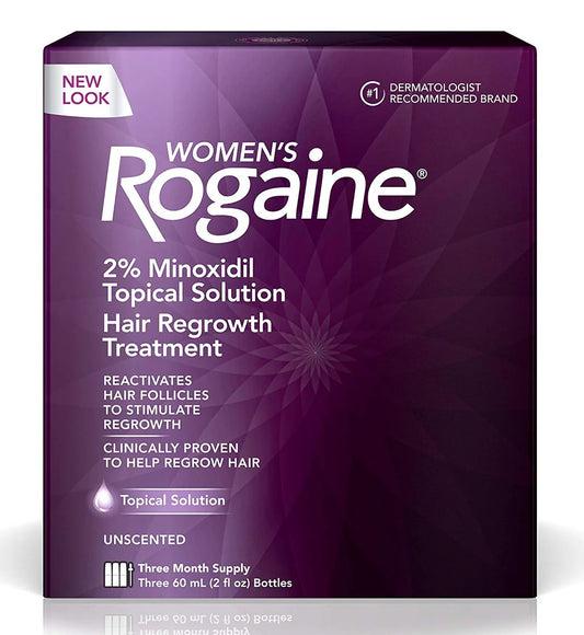 Box of Women's Rogaine 2% Minoxidil Topical Solution on a white background