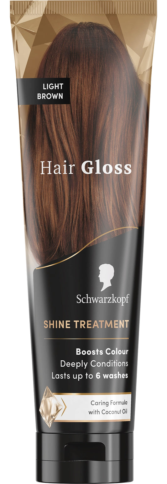Schwarzkopf hair gloss tube with light brown color swatch on a white background
