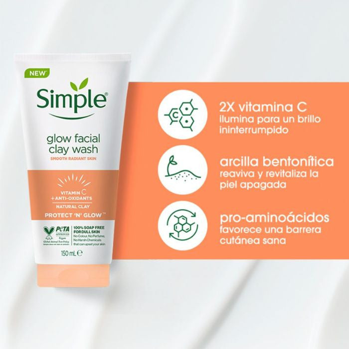 Simple glow facial clay wash tube with product features on an orange background