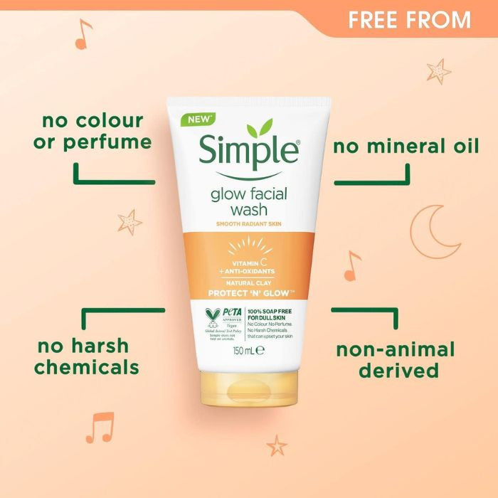 Simple glow facial wash tube with product features on a peach background