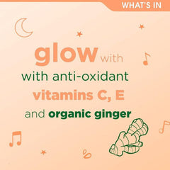 Product packaging with text about antioxidants, vitamins C and E, and organic ginger on a peach background.