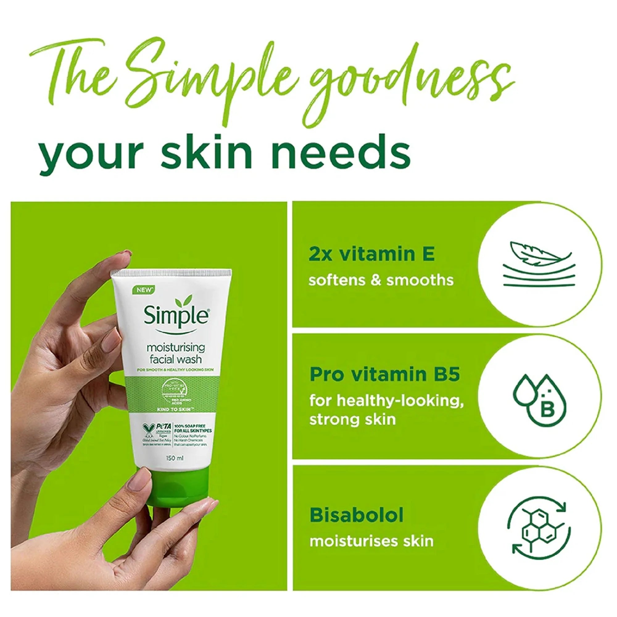 Simple moisturizing facial wash with ingredients listed on a green background