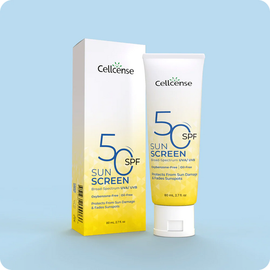 Cellcense sunscreen tube and packaging on a light blue background