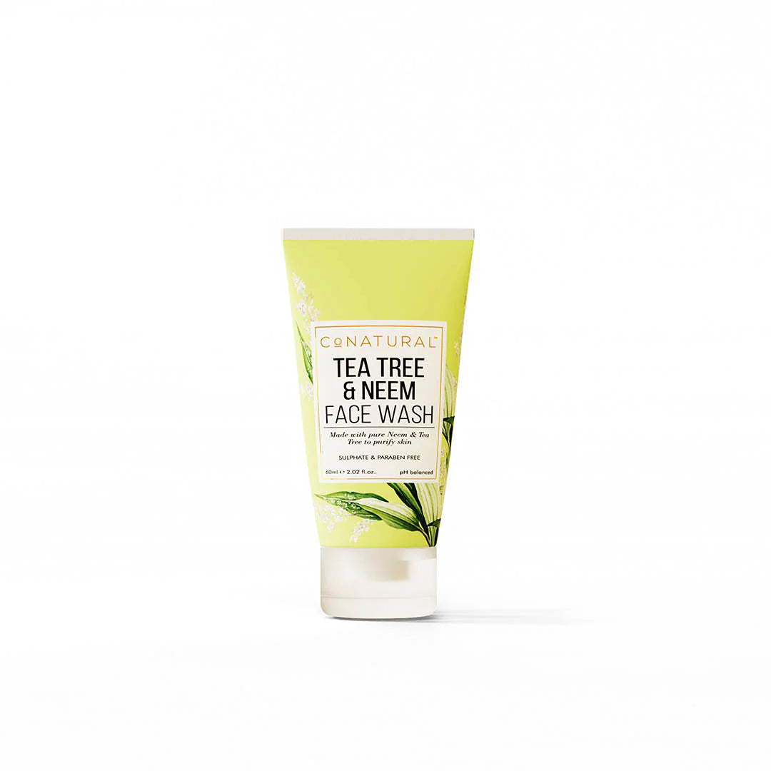 Tube of tea tree and neem face wash on a white background