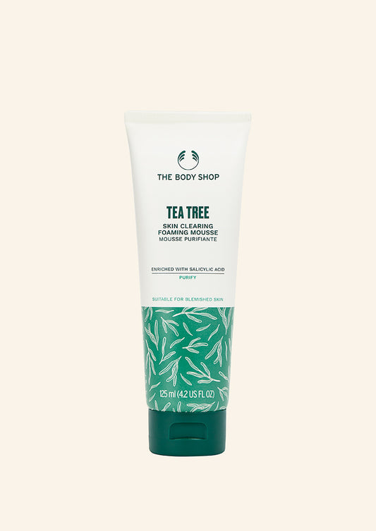 Tube of The Body Shop Tea Tree Skin Clearing Foaming Mousse on a white background