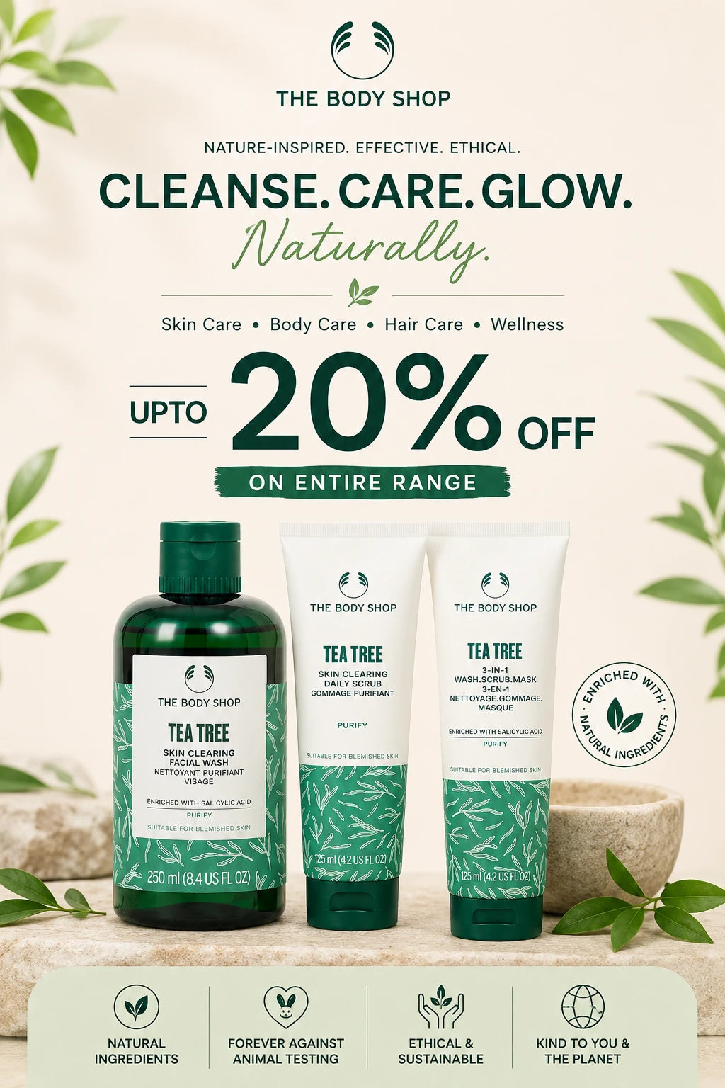 he Body Shop Tea Tree range of skincare products including face wash, toner, and oil.