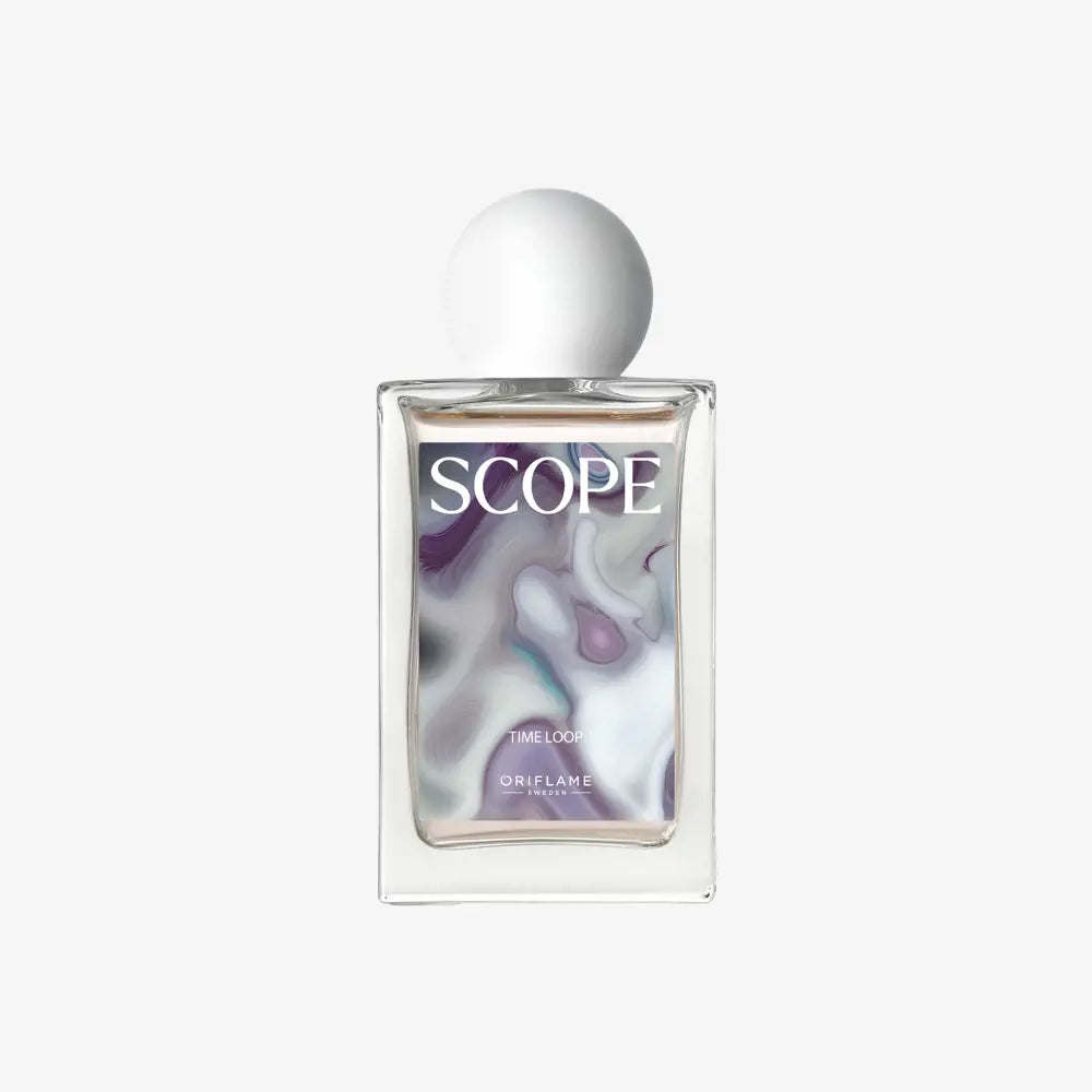 Perfume bottle labeled 'Scope' with a white cap on a light gray background