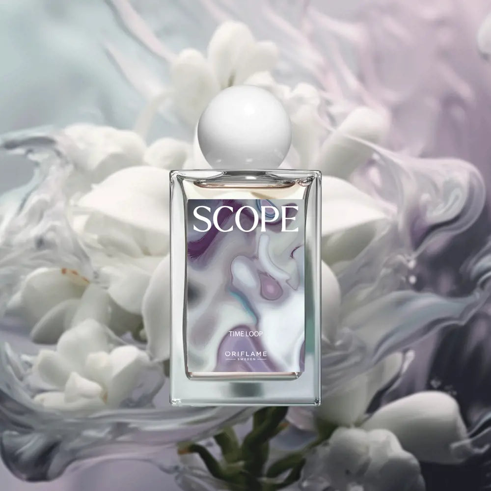 Oriflame Scope perfume bottle on a decorative background with flowers