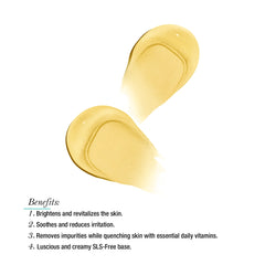 Two yellow cosmetic product swatches on a white background with text listing benefits.