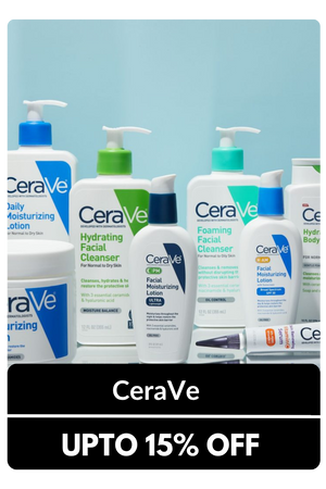 CeraVe skincare lineup with various white-pump and bottle products—hydrating cleansers, moisturizer, lotion, and a tube—over a light blue background, above a 'CeraVe' and 'UPTO 15% OFF' banner.