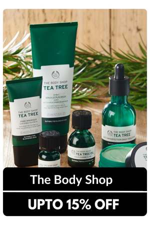 he Body Shop Tea Tree range of skincare products including face wash, toner, and oil.